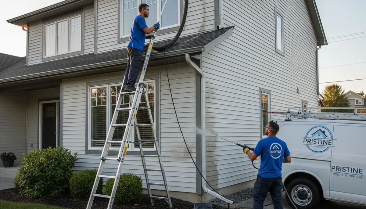 Technician performing gutter cleaning on vinyl-sided home in Virginia Beach, VA