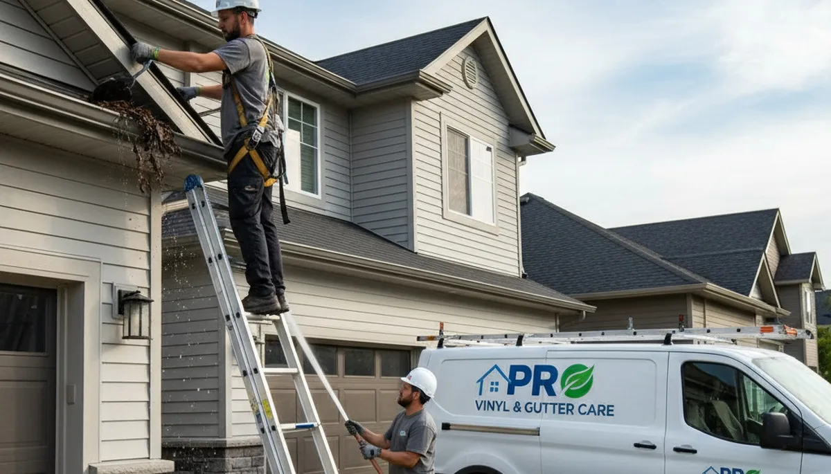 Technician cleaning home gutters in Virginia Beach, VA for Next Level Exteriors siding and gutter service