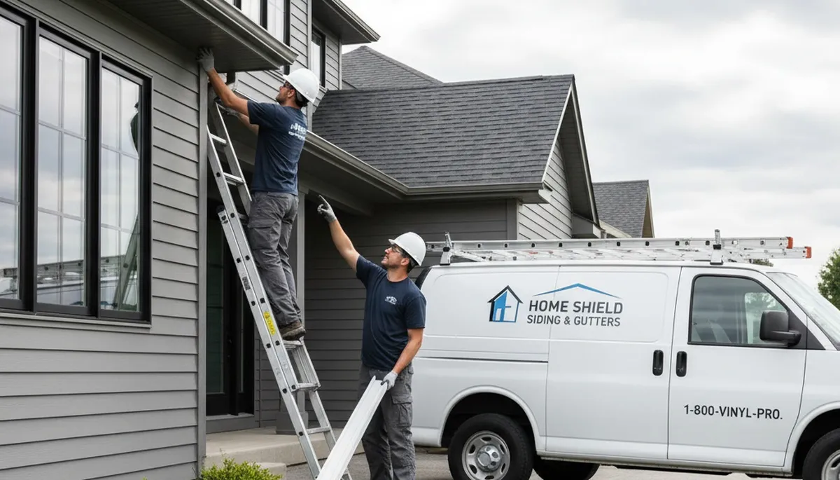 Technician performing gutter repair on vinyl siding home in Virginia Beach VA
