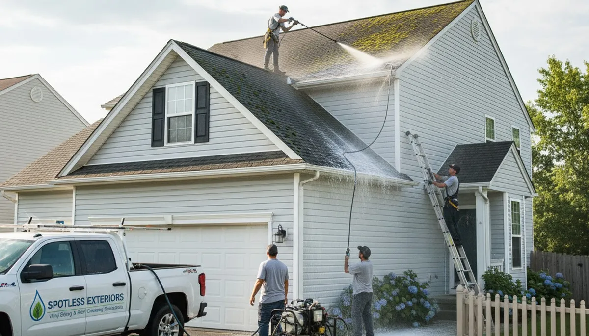 Technician cleaning vinyl siding and roof in Virginia Beach, VA for Next Level Exteriors services