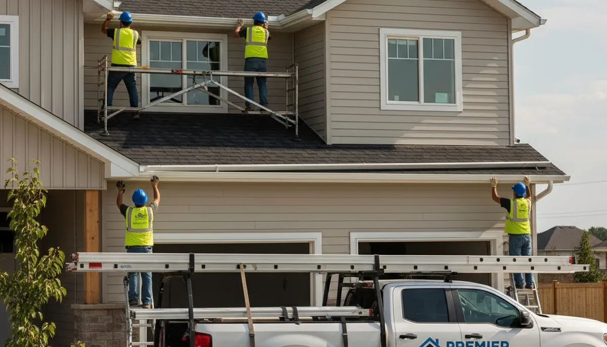 Technician installing seamless gutters on vinyl siding home in Virginia Beach VA
