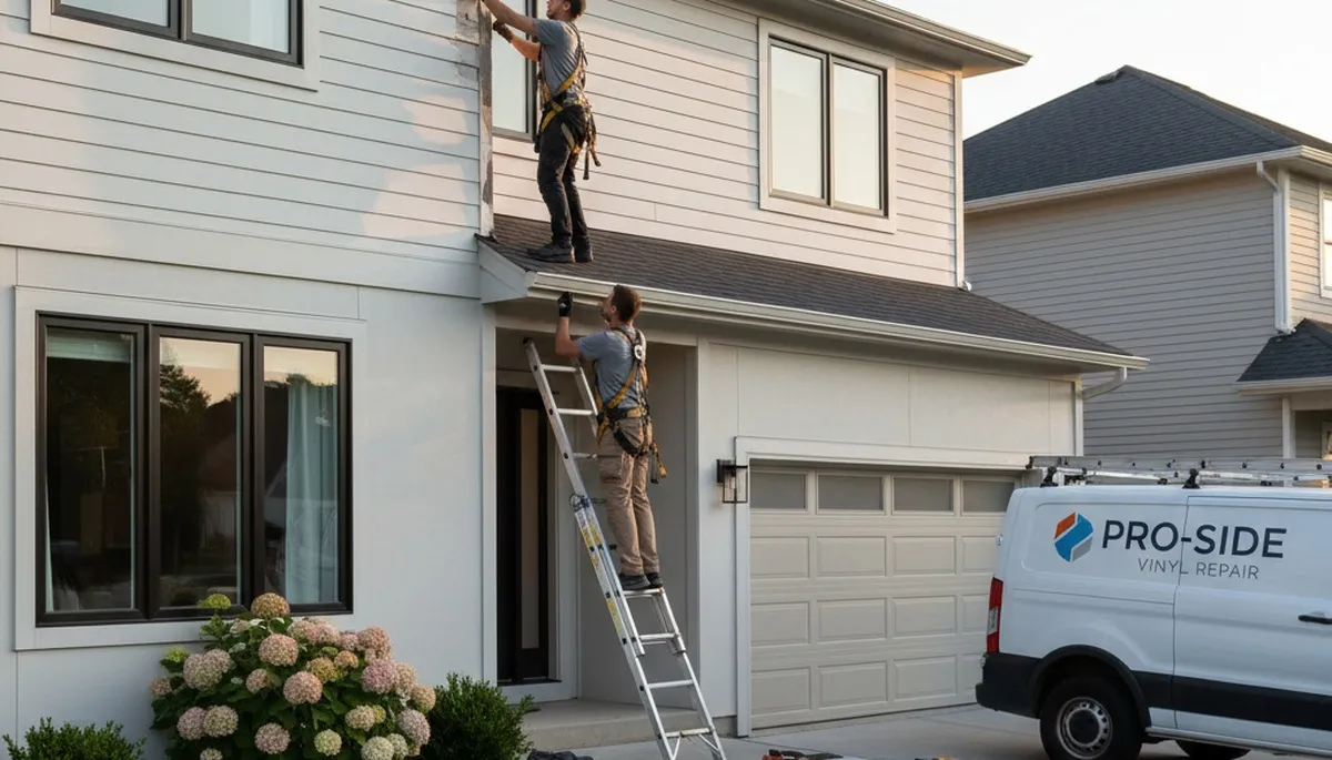 Technician repairing vinyl siding on coastal home in Virginia Beach, VA