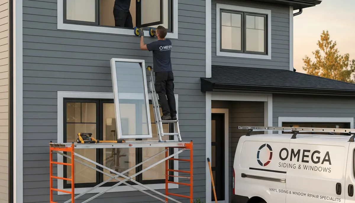 Technician repairing storm-damaged window frame at Virginia Beach home by Next Level Exteriors